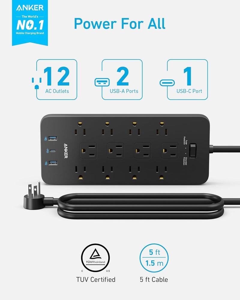 Anker Power Strip Surge Protector (2100J), 12 Outlets with 2 USB A and 1 USB C Port for Multiple Devices, 5ft Extension Cord, 20W Power Delivery Charging for Home, Office, Dorm Essential, TUV Listed - Image 2